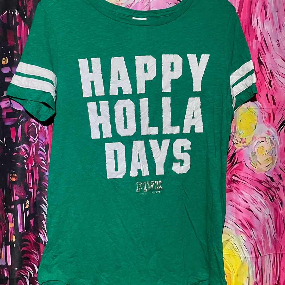PINK Victoria's Secret Green Tee - Happy Holla Days